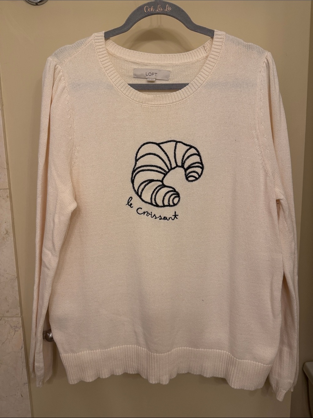 LOFT Cream Crewneck Sweater with Black Croissant Graphic